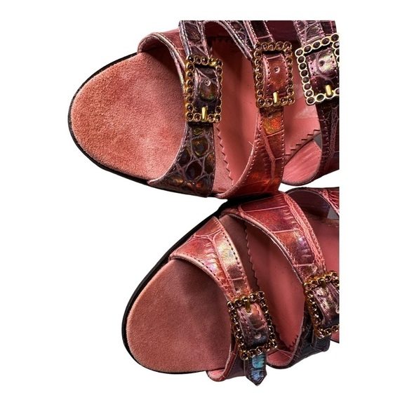 Lauretta Reiss Metallic Pink Croc Print Leather Kitten Heel Sandal - Picture 2 of 7